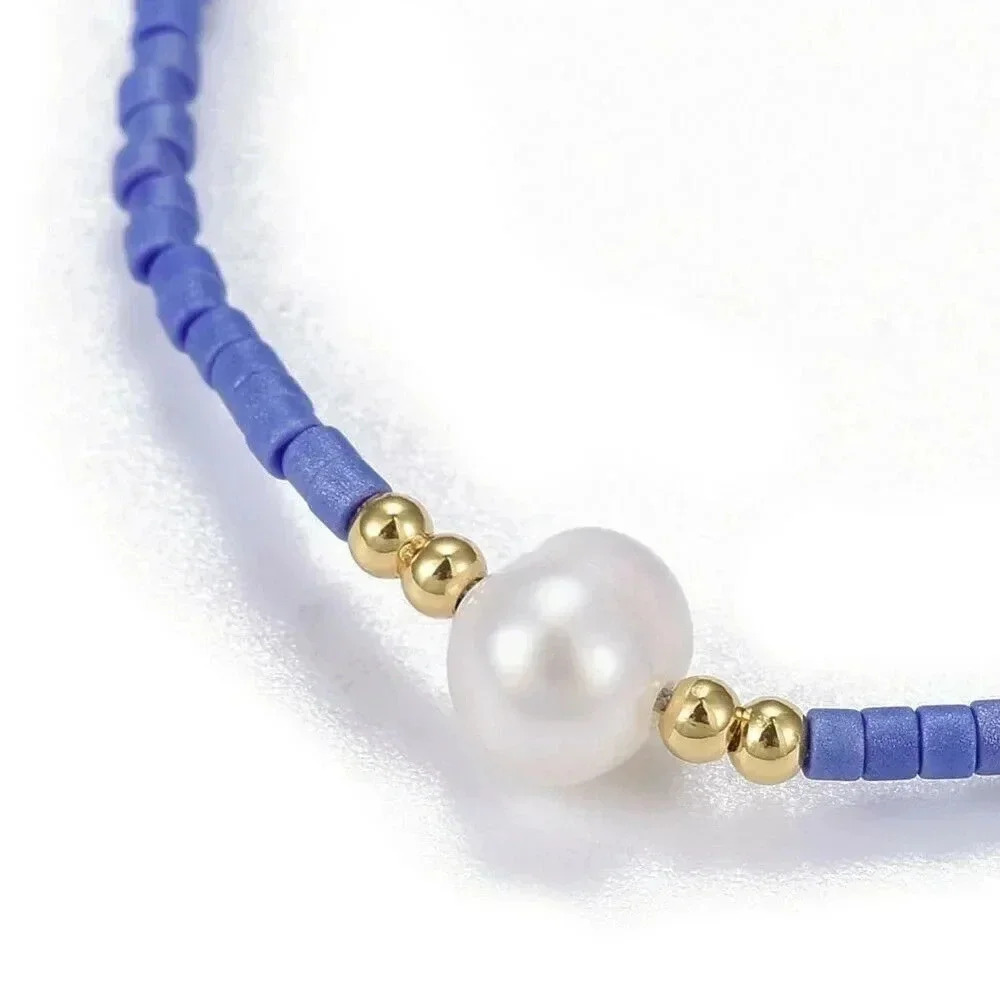 Hand Crafted Real Freshwater Pearl Med Cobalt Blue Japanese Glass Beads Bracelet